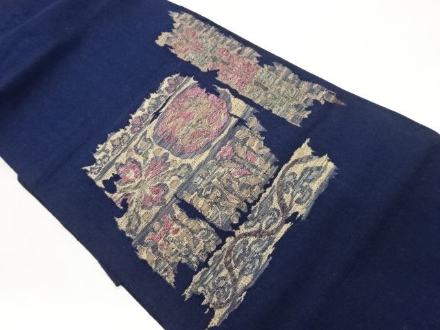 手織り紬草花に抽象模様織出し名古屋帯